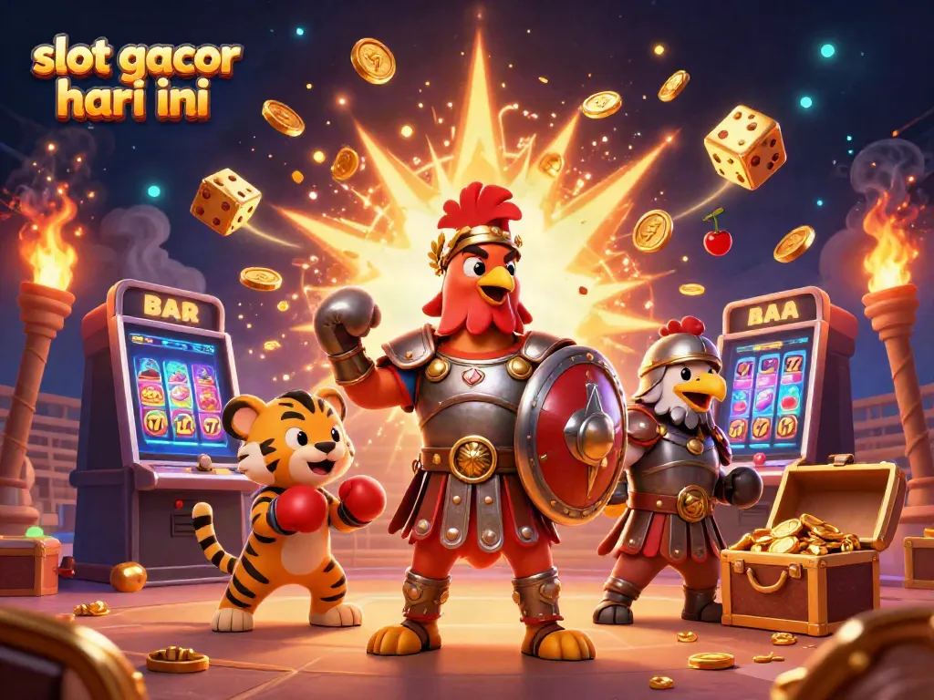 Slot gacor hari ini menampilkan ilustrasi 3D gladiator ayam dengan mesin slot dan koin jackpot.