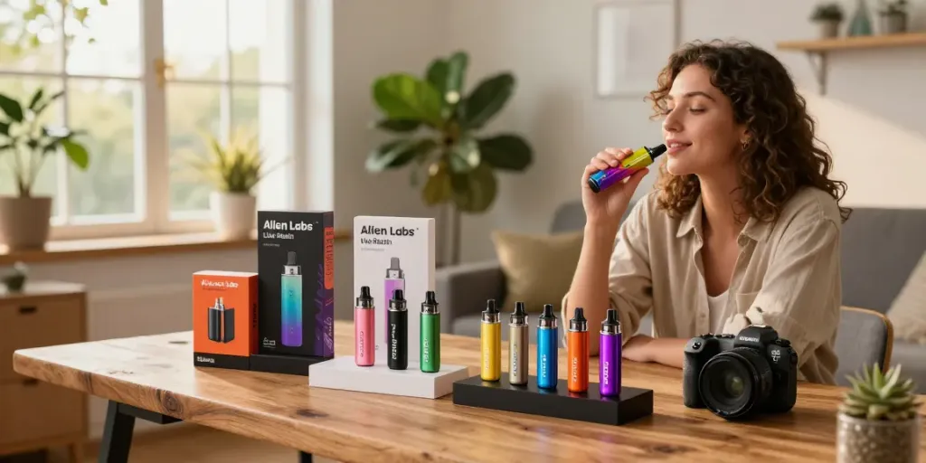 Alien Labs Live Resin vape cartridges beautifully arranged in a cozy setting.