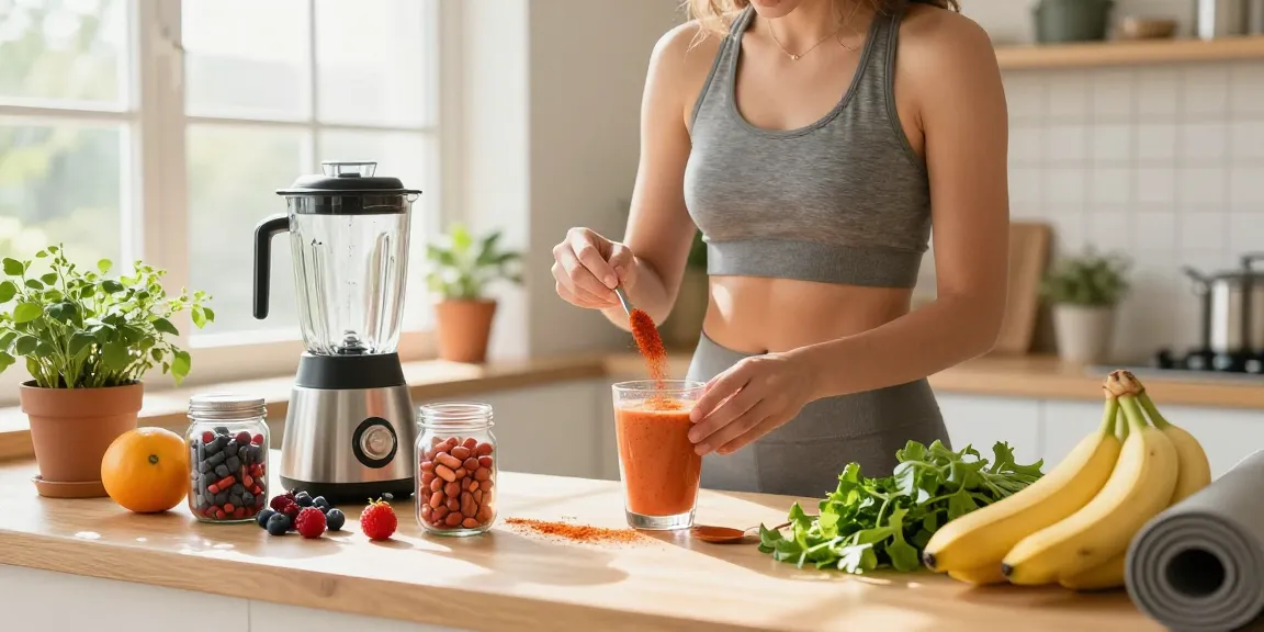 Preparing a vegan astaxanthin supplement smoothie with fresh fruits and greens in a sunny kitchen