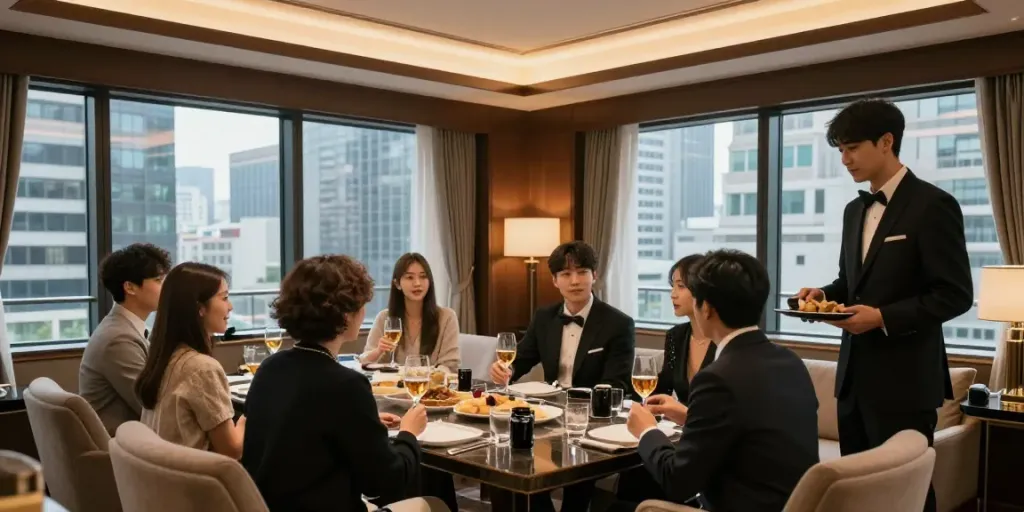 강남구구단 쩜오의 사적인 룸에서 친구들이 음료를 즐기며 대화하는 모습.