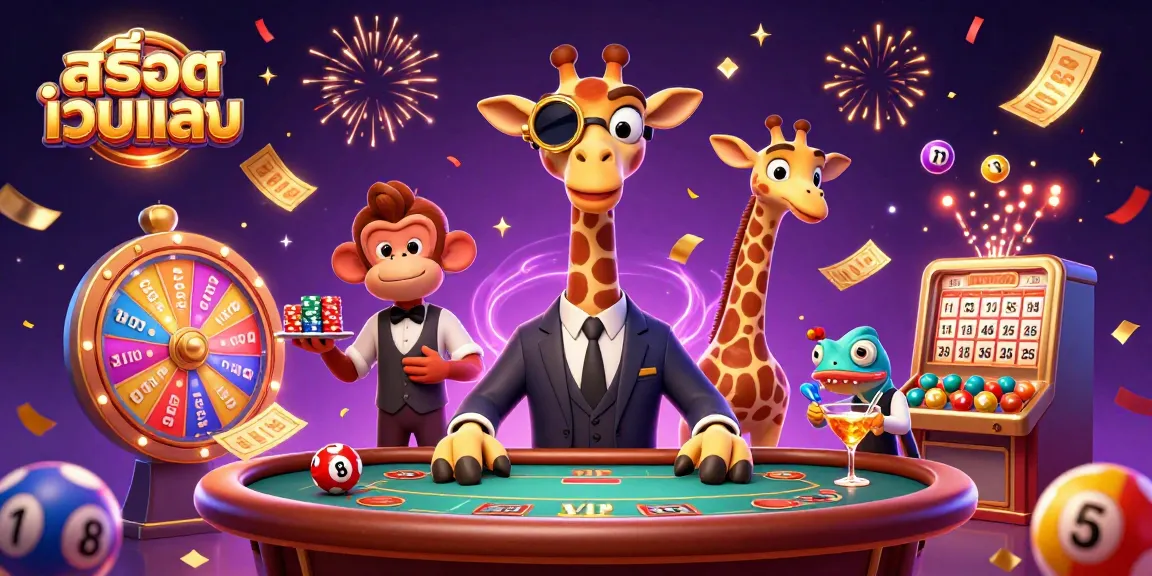 Experience exciting สล็อตเว็บตรง action with a high-roller giraffe, monkey valet, and chameleon bartender in a vibrant casino scene.