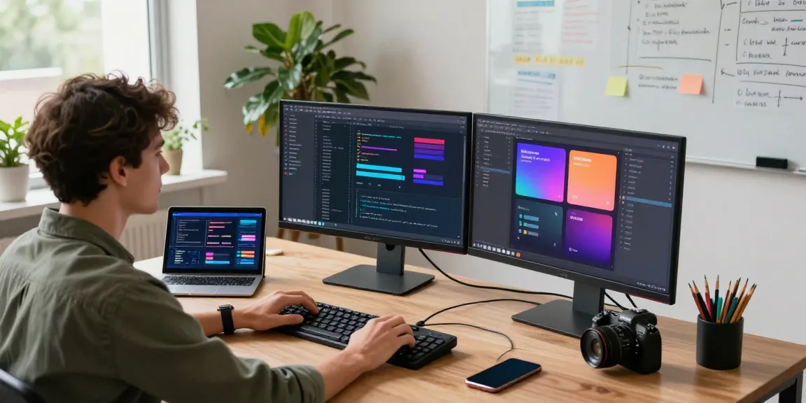 Developer working in tech workspace using 纸飞机中文版 for team collaboration with vibrant screens.