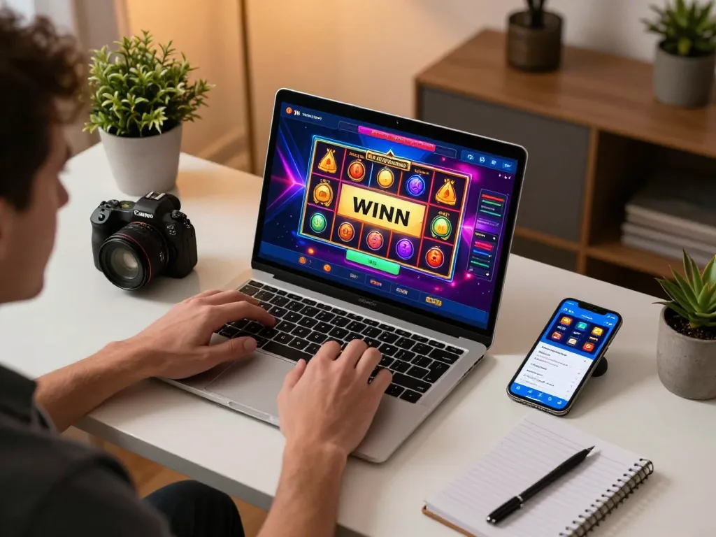 Play เว็บตรง slots on your laptop with a vibrant gaming interface and strategies beside you.