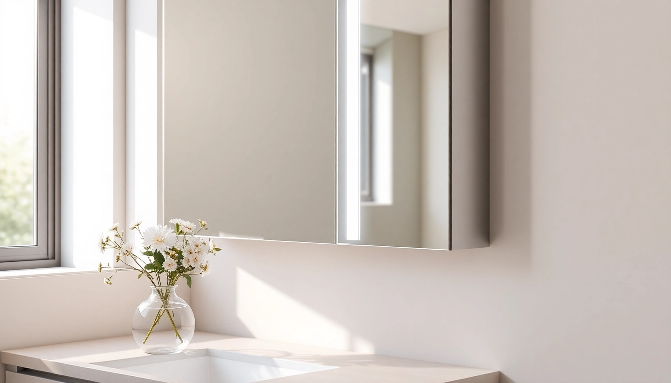 Beleuchteter sonni Spiegelschrank im modernen Badezimmer mit natürlichem Licht und elegantem Design.