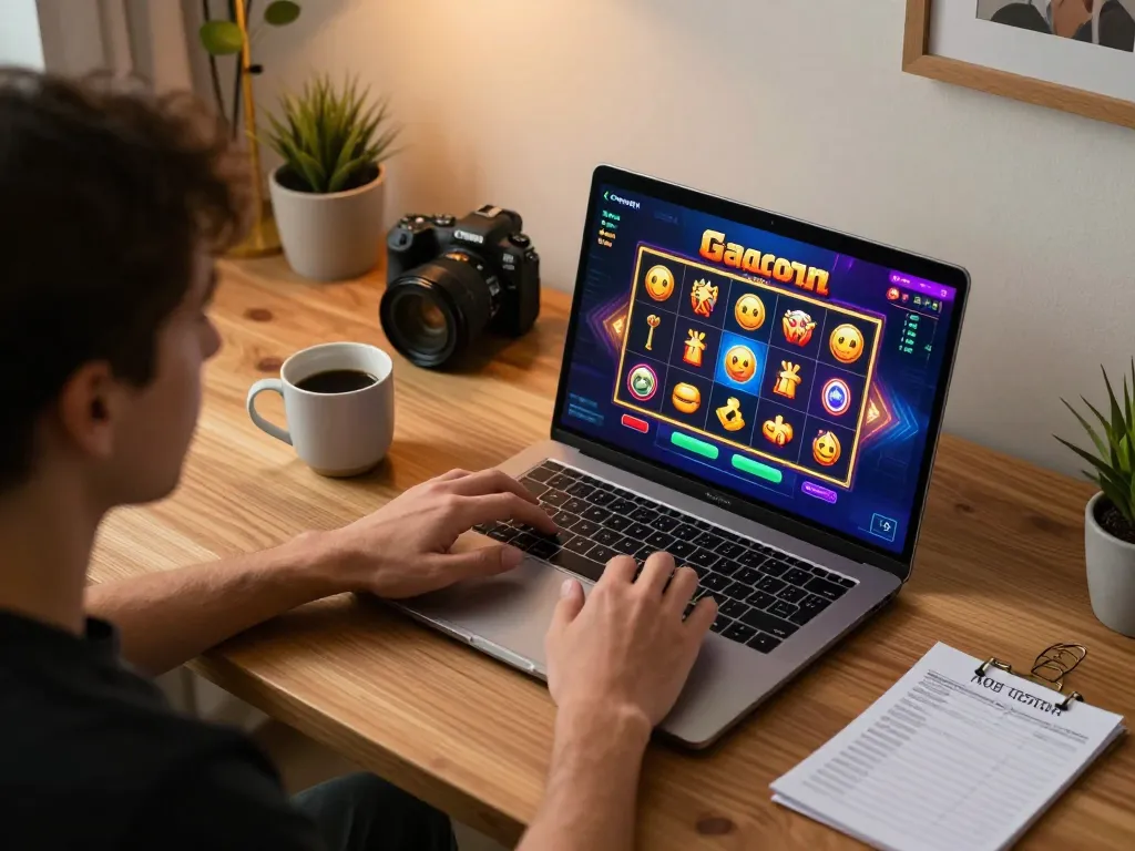 Engaging with slot gacor game on laptop, vibrant graphics and relaxed ambiance in home office