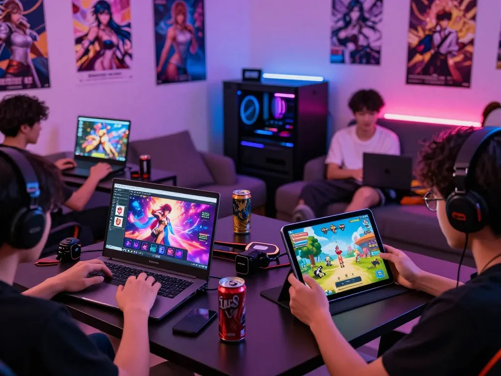 Engaging scene of players enjoying various hentai games on devices, showcasing interactive fantasy adventures.