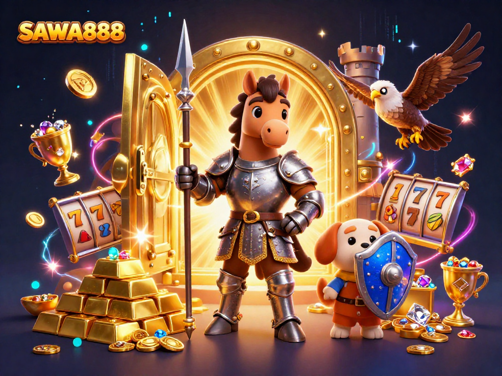 Witness the thrilling world of SAWA888 with lively characters and dynamic casino elements showcasing adventure and gaming excitement.