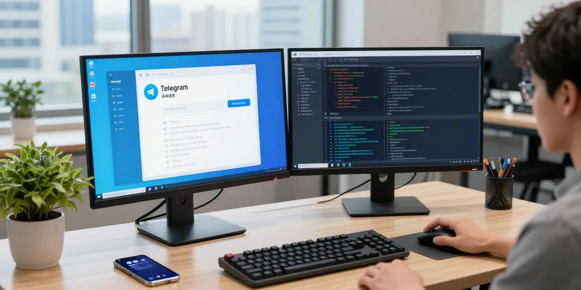 Developer using telegram中文版 interface on dual monitors in a modern workspace