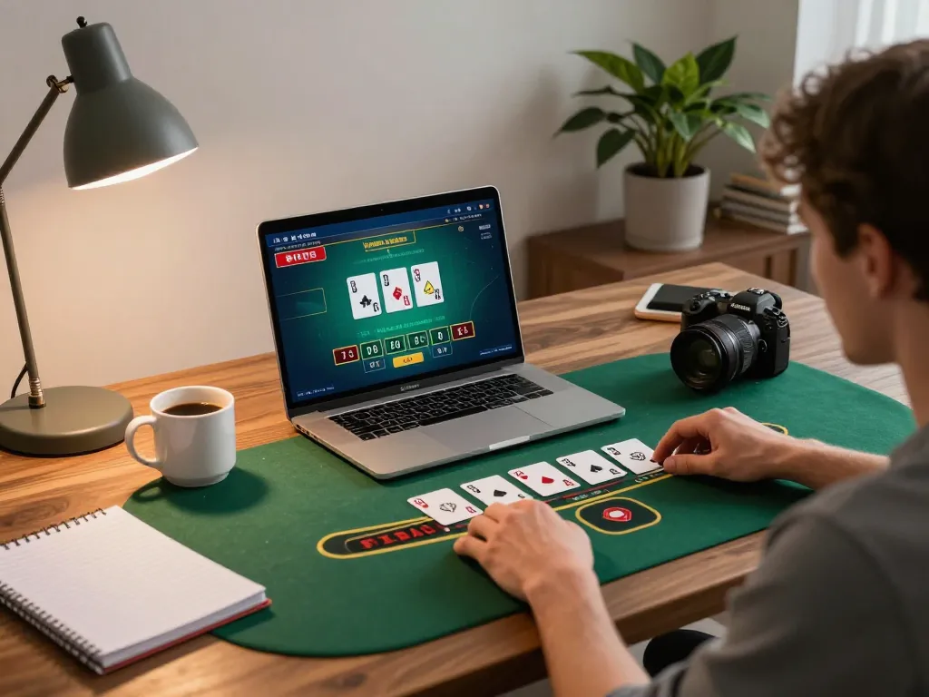 Player enjoying an engaging fly 88 online blackjack game, showcasing home gaming setup.