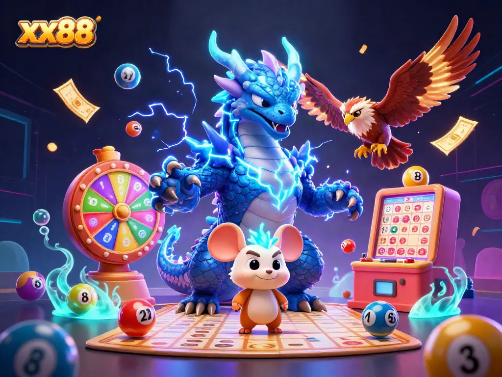Experience the thrill of xx88's dynamic lottery games with vibrant 3D illustrations filled with characters and prizes.