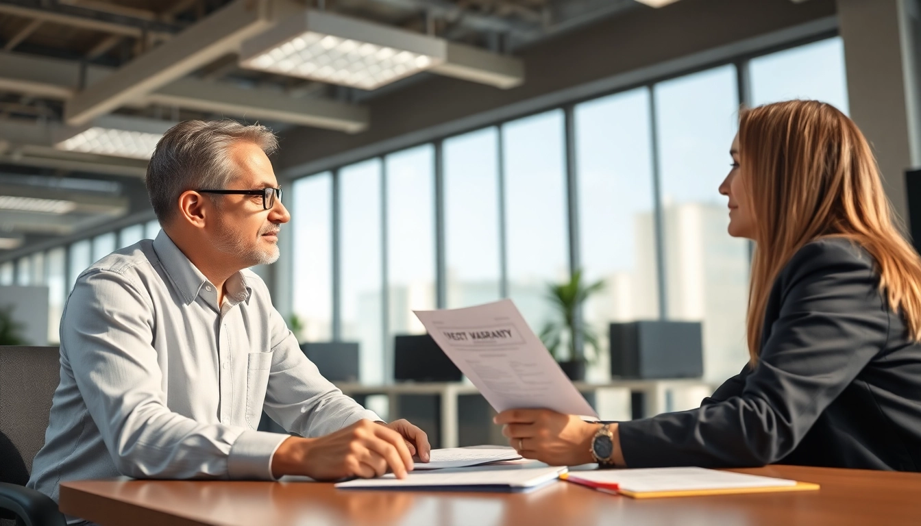 Client consulting with an expert led warranty company in a modern office setting