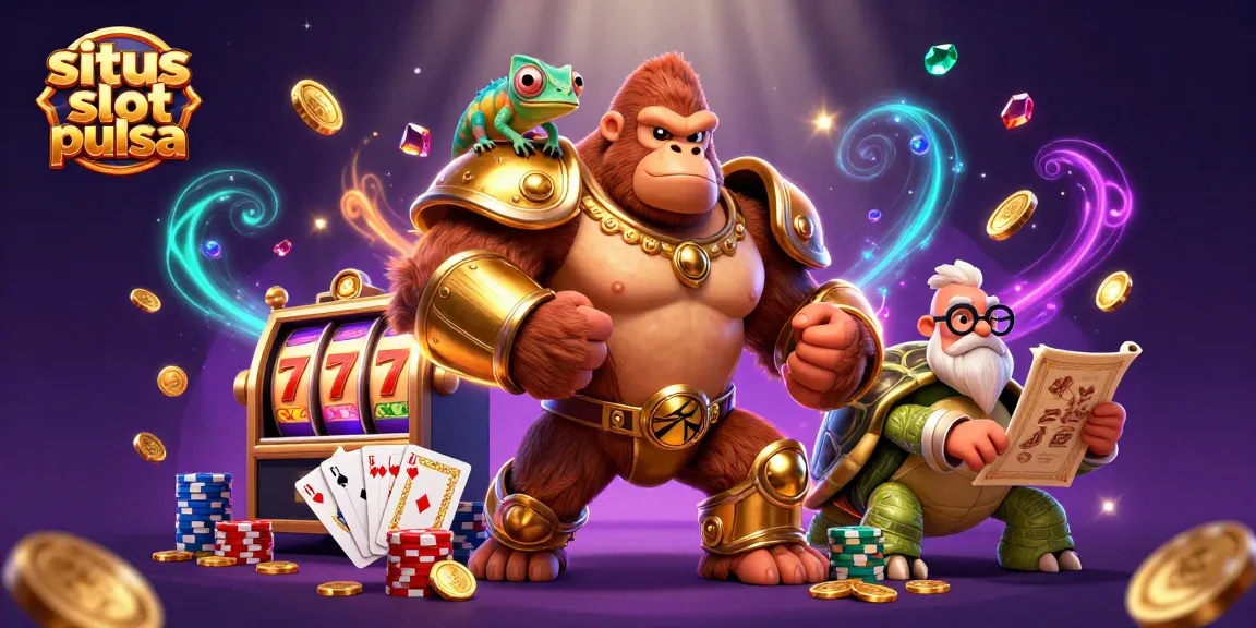 Engage in the excitement of situs slot pulsa with a vibrant 3D illustration featuring a gorilla king and gaming elements.