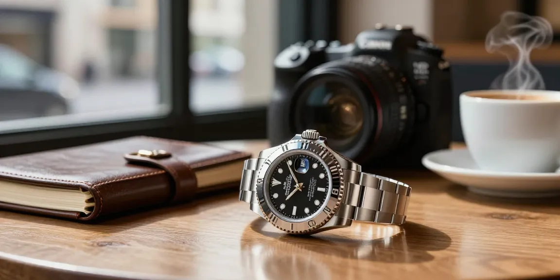 Close-up of a luxurious rolex replica watch against an urban cafe backdrop, showcasing elegance and craftsmanship.