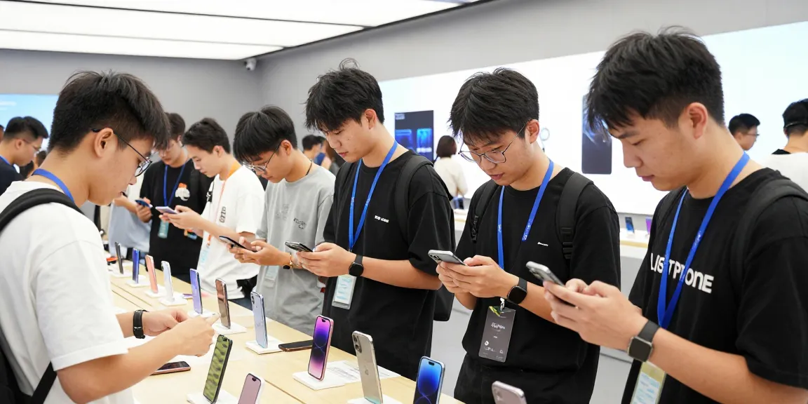 Un groupe de passionnés testant le deuxième numéro iPhone lors d'un événement technologique.