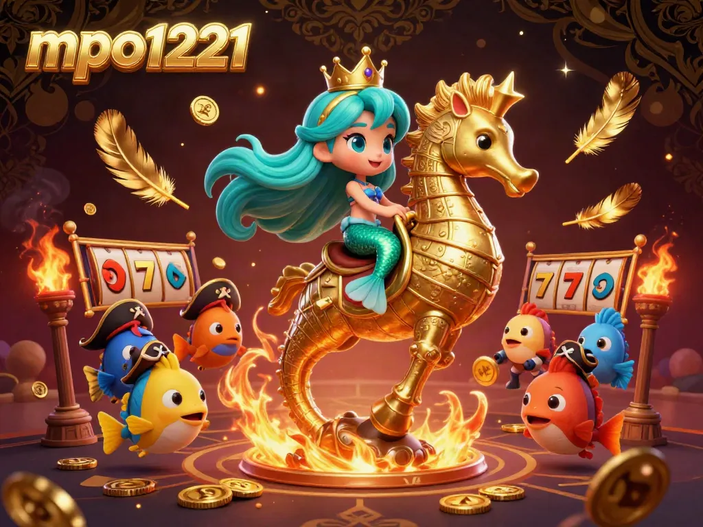 Engage with mpo1221’s vibrant 3D casino scene featuring a mermaid and giant seahorse amidst swirling gold and gaming elements.