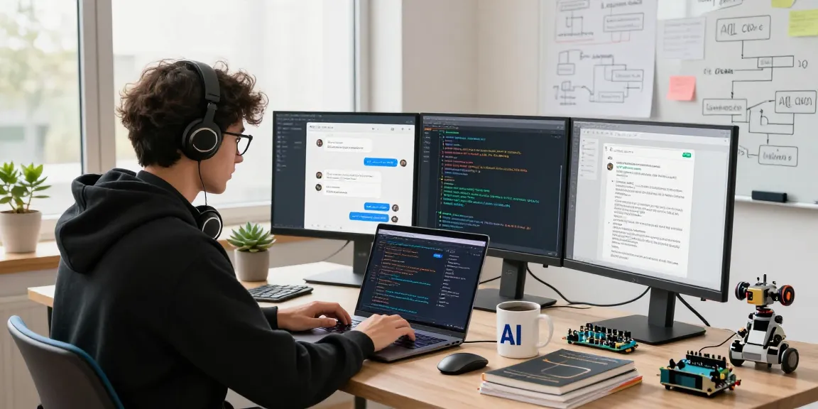 KoboldAI developer coding in vibrant workspace with dual monitors showcasing chatbot interactions.