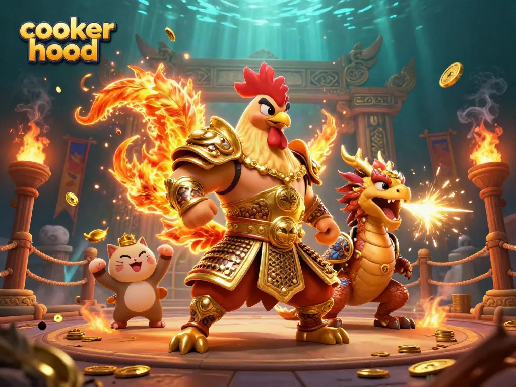 Experience excitement with a cooker hood-themed fighting arena illustration featuring vibrant battling characters and dynamic gameplay.