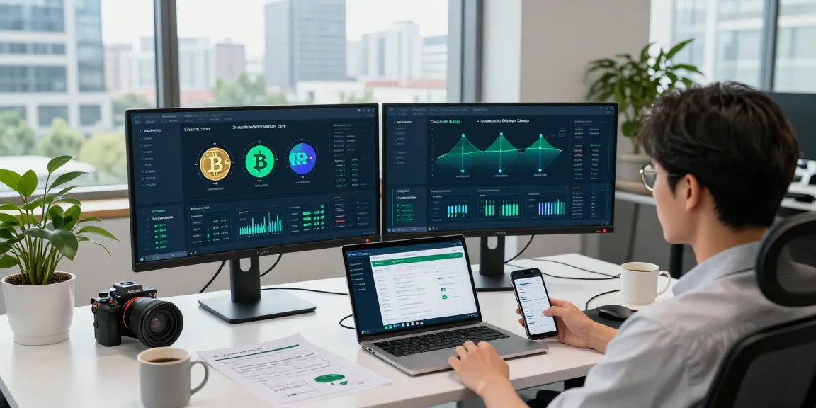sustainable bitcoin mining displayed on monitors in eco-friendly crypto workspace, highlighting renewable energy solutions in cryptocurrency.