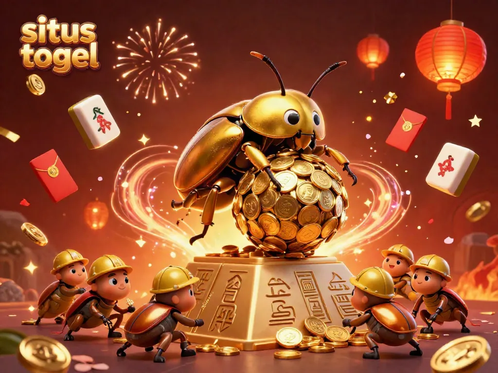 Engage with situs togel as a golden dung beetle rolls coins up a pyramid amidst festive symbols and energy.
