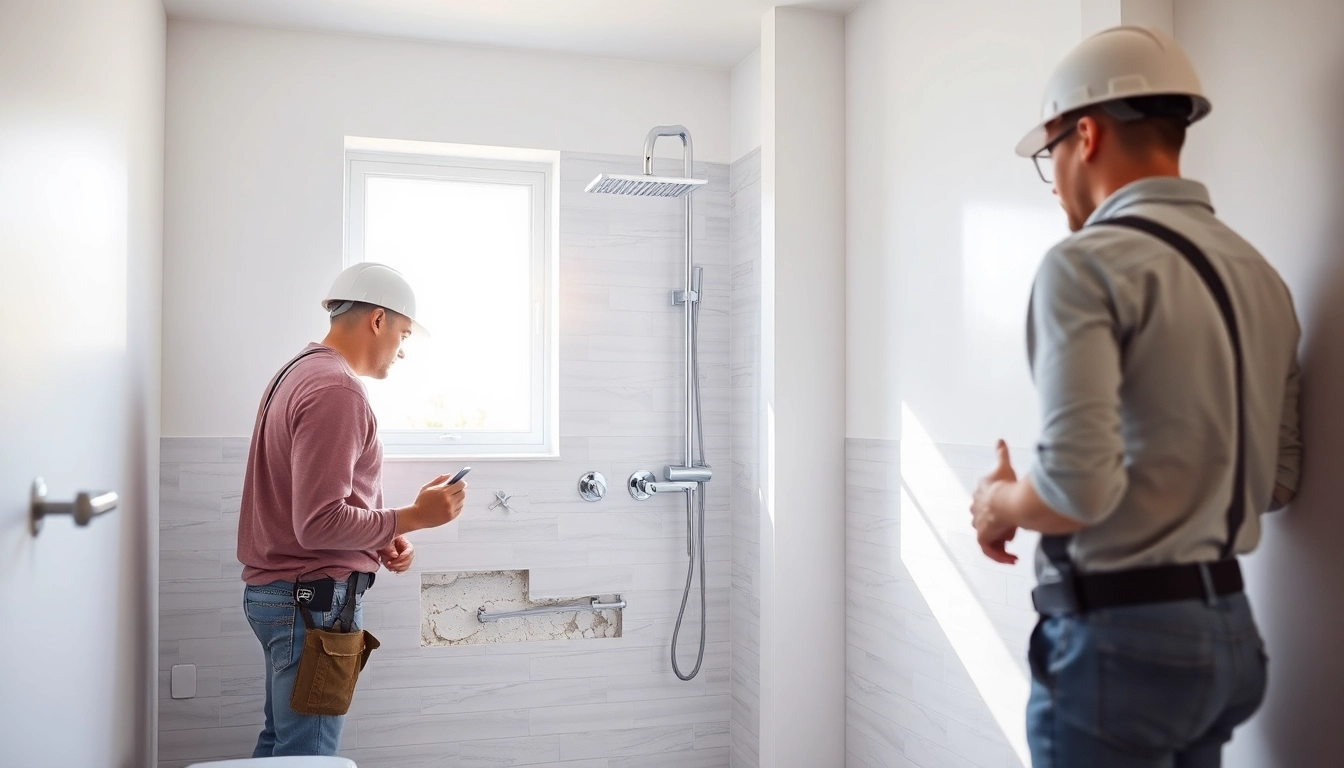 Experienced bathroom builders installing features in a contemporary bathroom design.