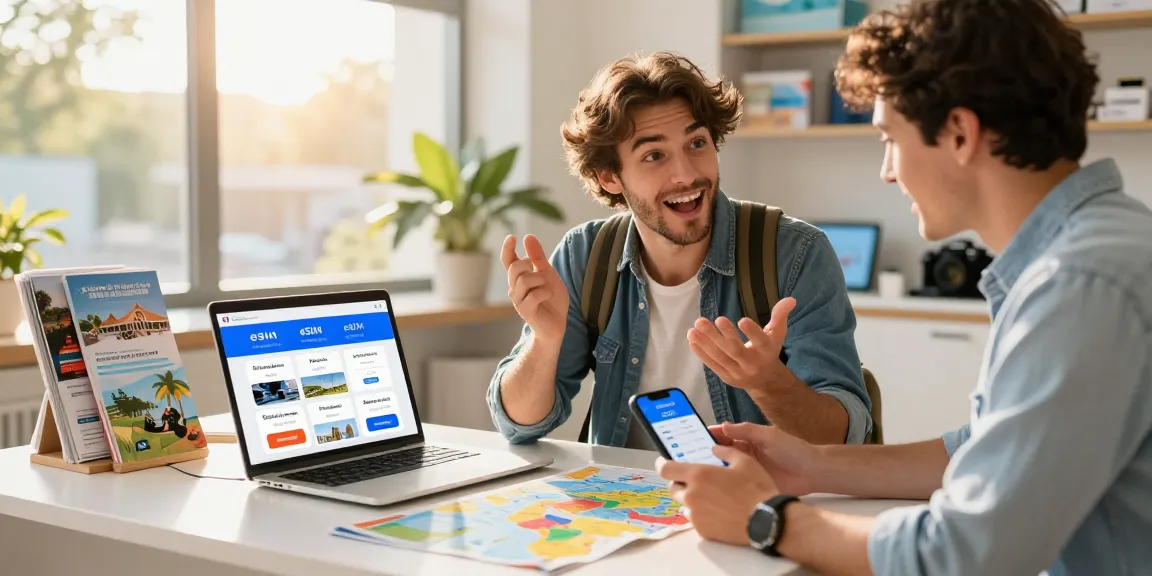 Comparing esim coupons at a travel agency for budget-friendly plans.