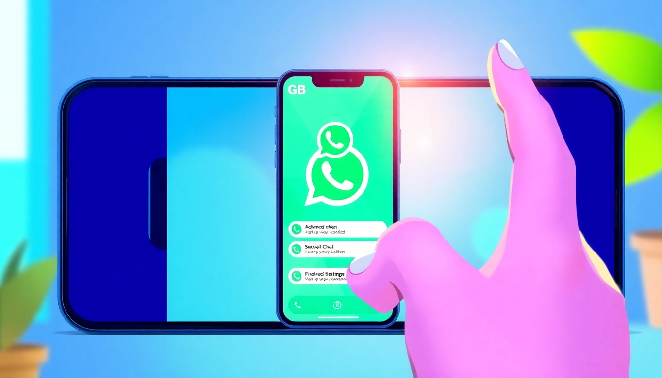 Interactive showcase of the GB WhatsApp app features on a smartphone screen, emphasizing customized themes and privacy.