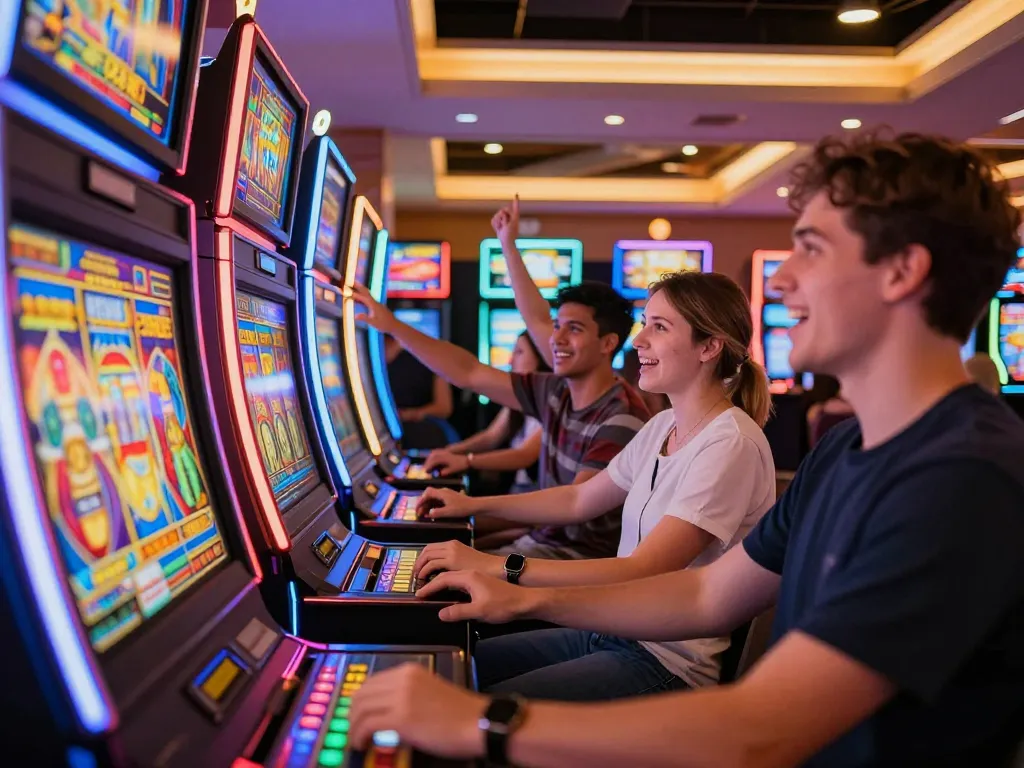 Players enjoying slots in vibrant casino environment for slot gacor pagi ini, showcasing an exciting gaming atmosphere.