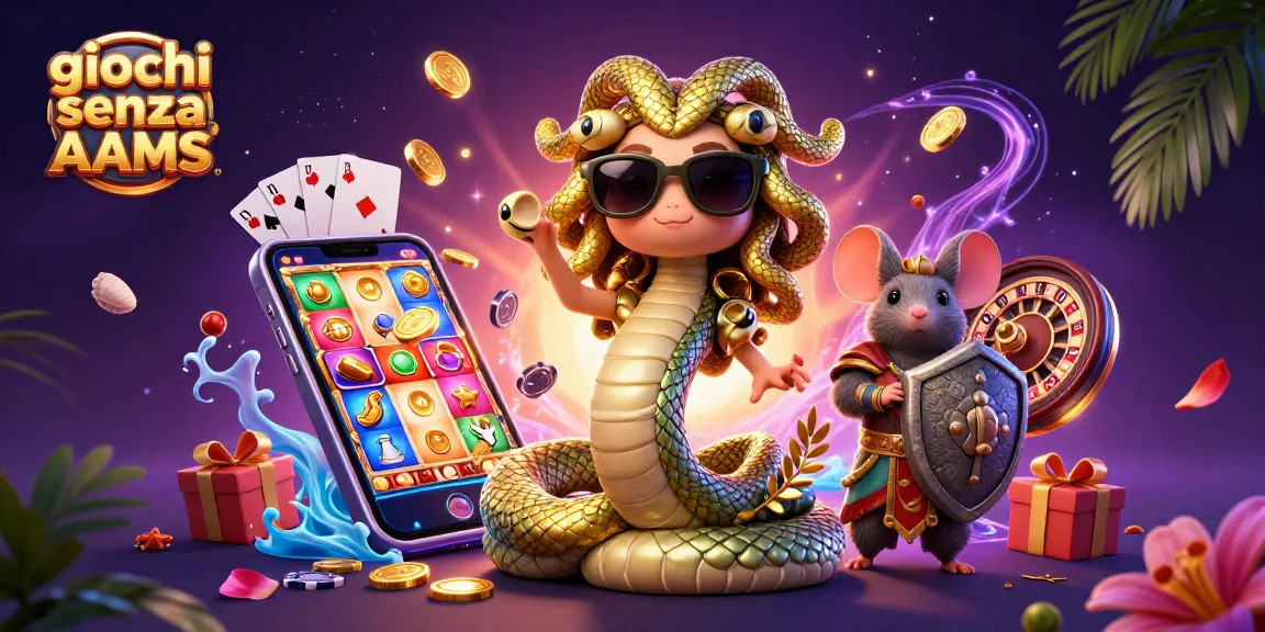 Impegnati in giochi senza AAMS con colorate slot machine all'interno di un'illustrazione vibrante in 3D che presenta Medusa e un topo guerriero.