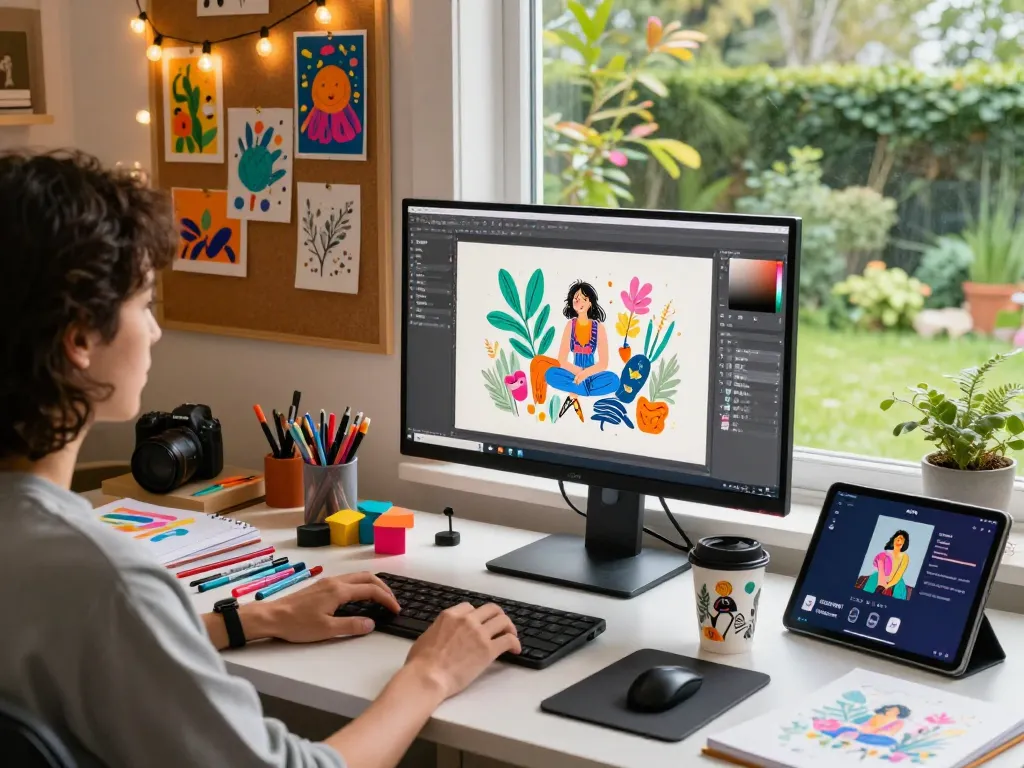 Artistic workspace featuring image to prompt generator on digital screens and colorful supplies.