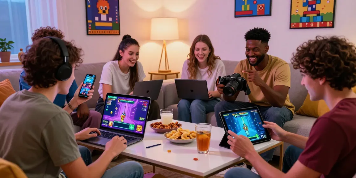 Engaging scene of friends playing free porn games online in a lively living room.