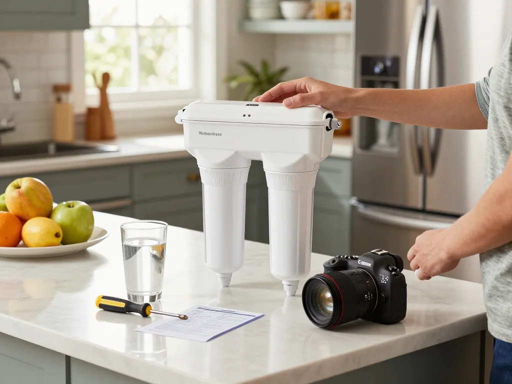 Replacing Waterdrop Replacement for GE® RPWFE® filter in a bright kitchen, showcasing clean water and family engagement.