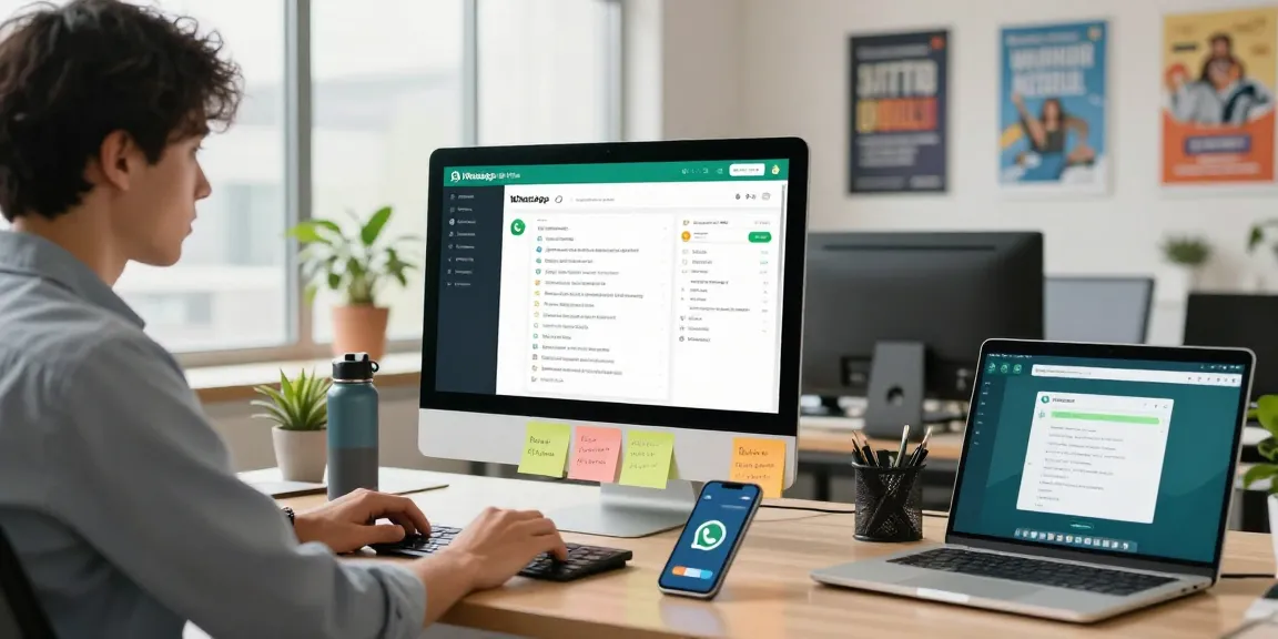 Engaged professional using WhatsApp電腦版 on desktop, showcasing modern workspace productivity.