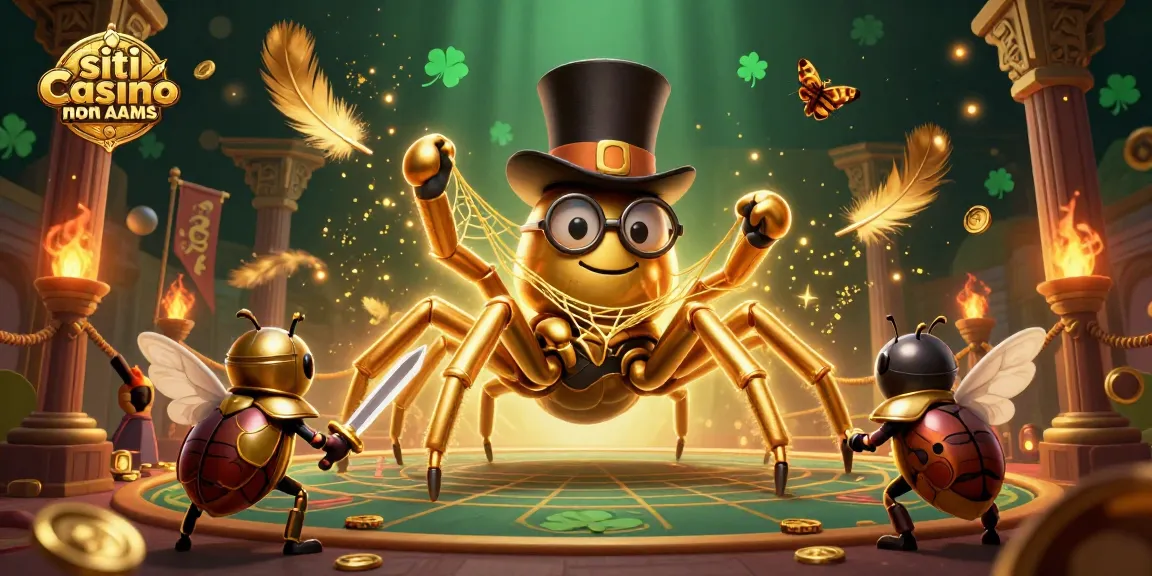 Visualizza i siti casino non AAMS con un ragno d'oro in un'atmosfera da gioco vibrante.