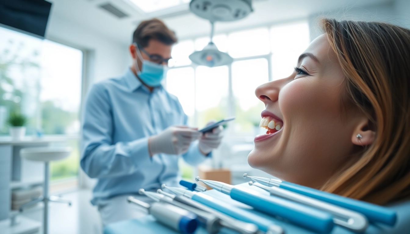 Orthodontics professional examining braces on a patient in a bright clinic setting.