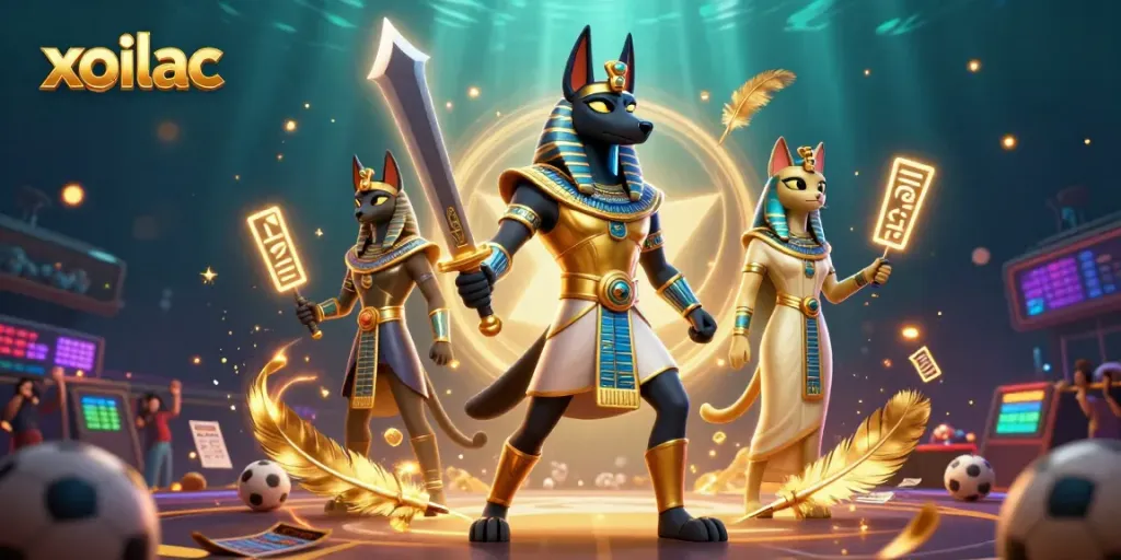 Experience the thrill of sports betting with Xoilac's immersive 3D illustration featuring Anubis and Bastet.