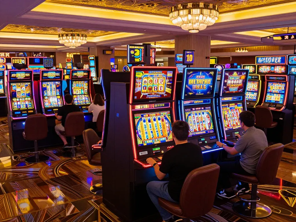 Pemain memutar mesin slot link yang berwarna-warni di lingkungan kasino yang ramai, menunjukkan kegembiraan bermain game.