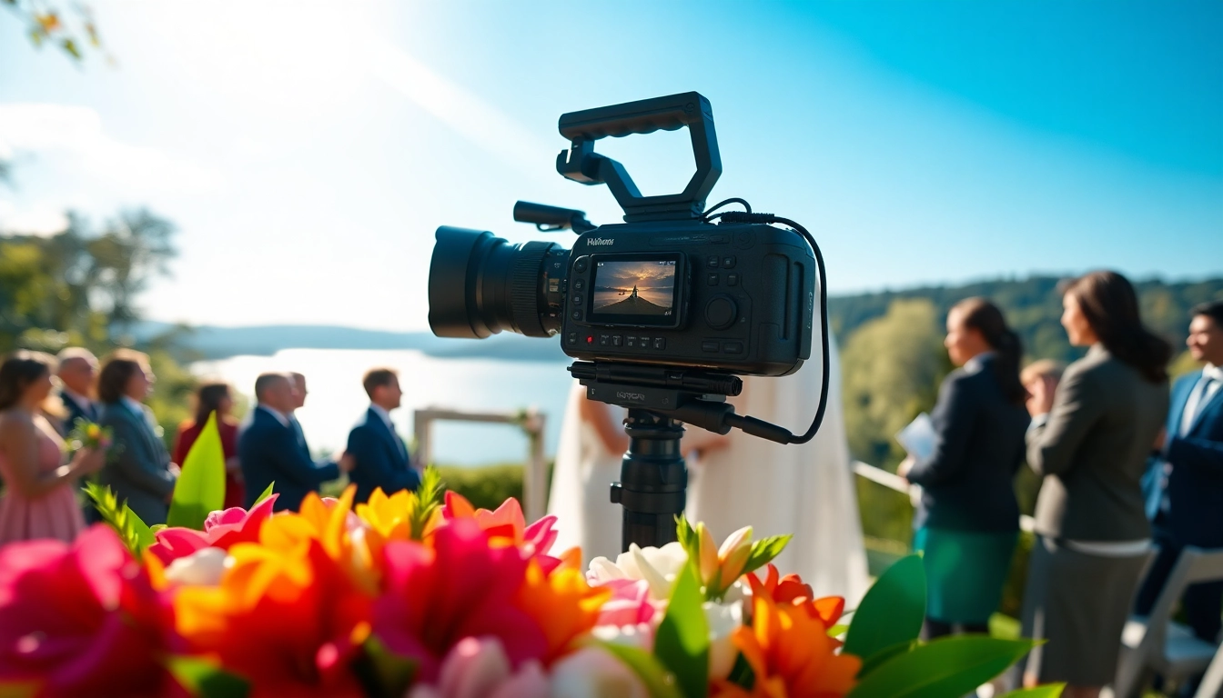 Capture of an edmonton videographer filming a wedding outdoors with stunning floral arrangements.
