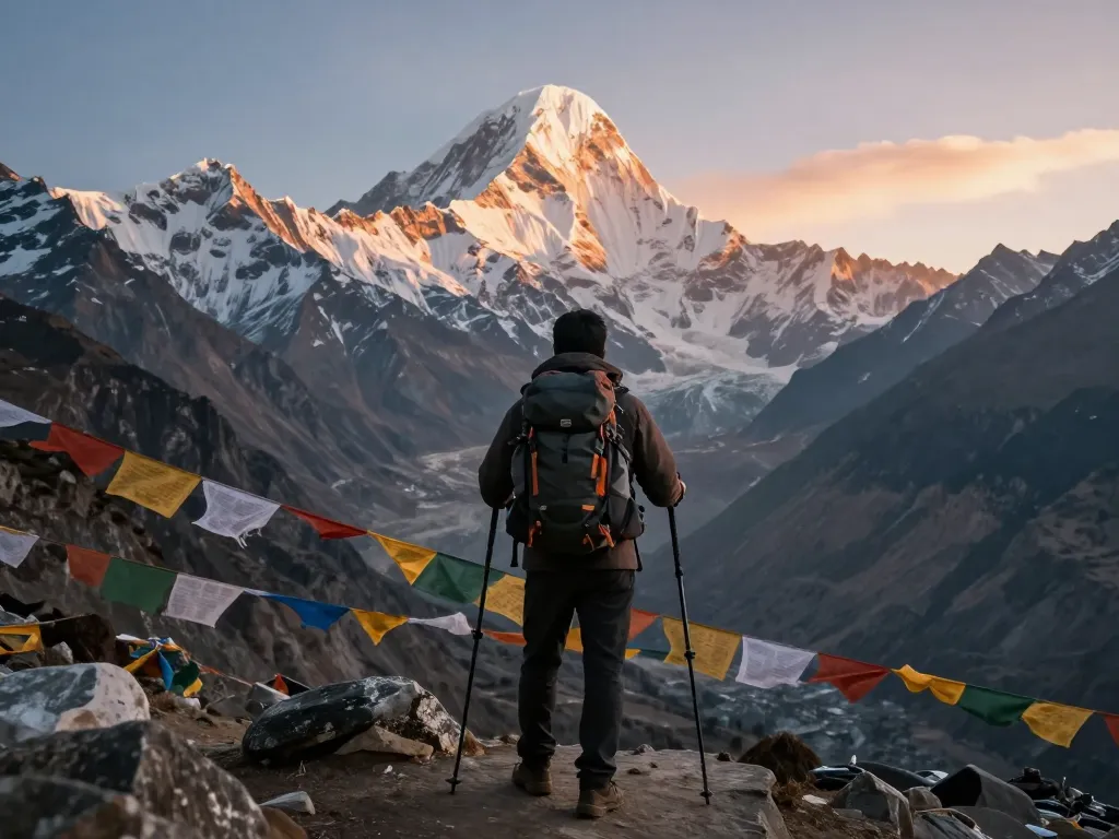Traveler at Thorong La Pass during the Annapurna Circuit Trek, showcasing stunning Himalayan views at sunrise.
