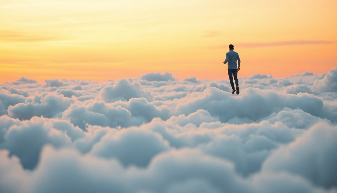 Person walking on clouds in a tranquil sunset, evoking a sense of freedom and serenity.