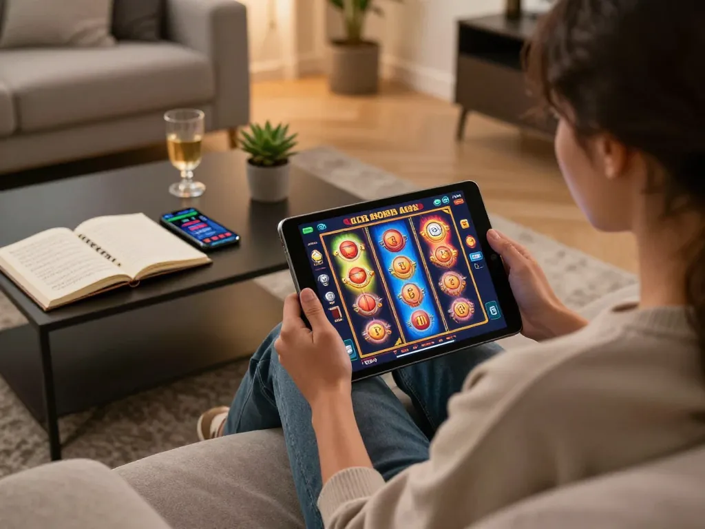Engaging in online gaming with depo 25 bonus 25 slot game on a tablet in a cozy living room setting.