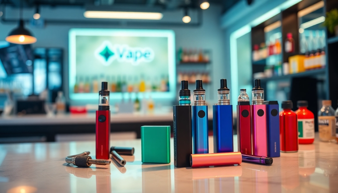 Showcasing various disposable vapes on a sleek countertop inside a modern vape shop.