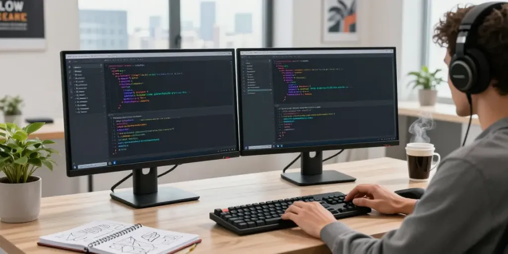 Programmer using Notepad++ in modern software development workspace with dual monitors.