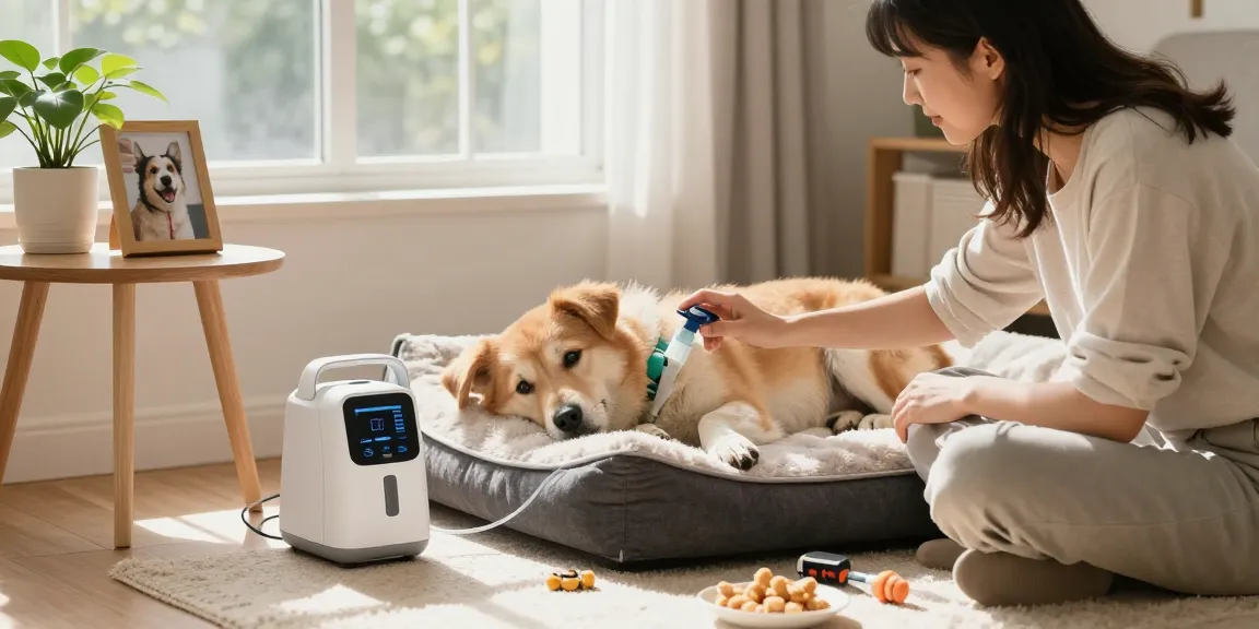 Pricing Pet Oxygen Machine in a warm home setting, owner assisting a pet with oxygen therapy, showcasing care and comfort.