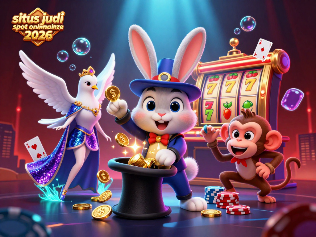 Situs judi slot online terpercaya 2026 menampilkan karakter luar biasa dalam ilustrasi, menarik uang dari permainan slot.