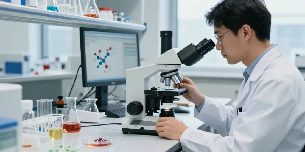 Researcher analyzing Swiss Chem peptides in a modern laboratory setup with precise equipment.