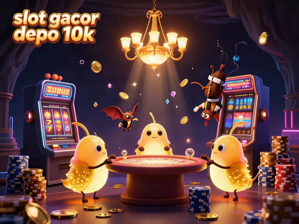 Menang jackpot dalam slot gacor depo 10K dengan karakter kartun menyala di kasino bawah tanah.
