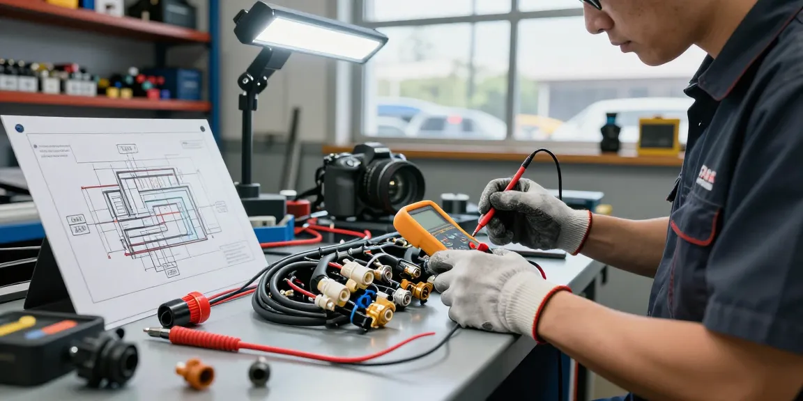 Technician inspecting heavy duty waterproof electrical connectors in an automotive workshop