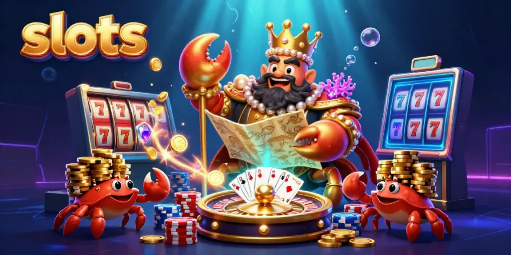 Experience exciting slots action with a golden crab emperor, vibrant slot reels, and sparkling coins.