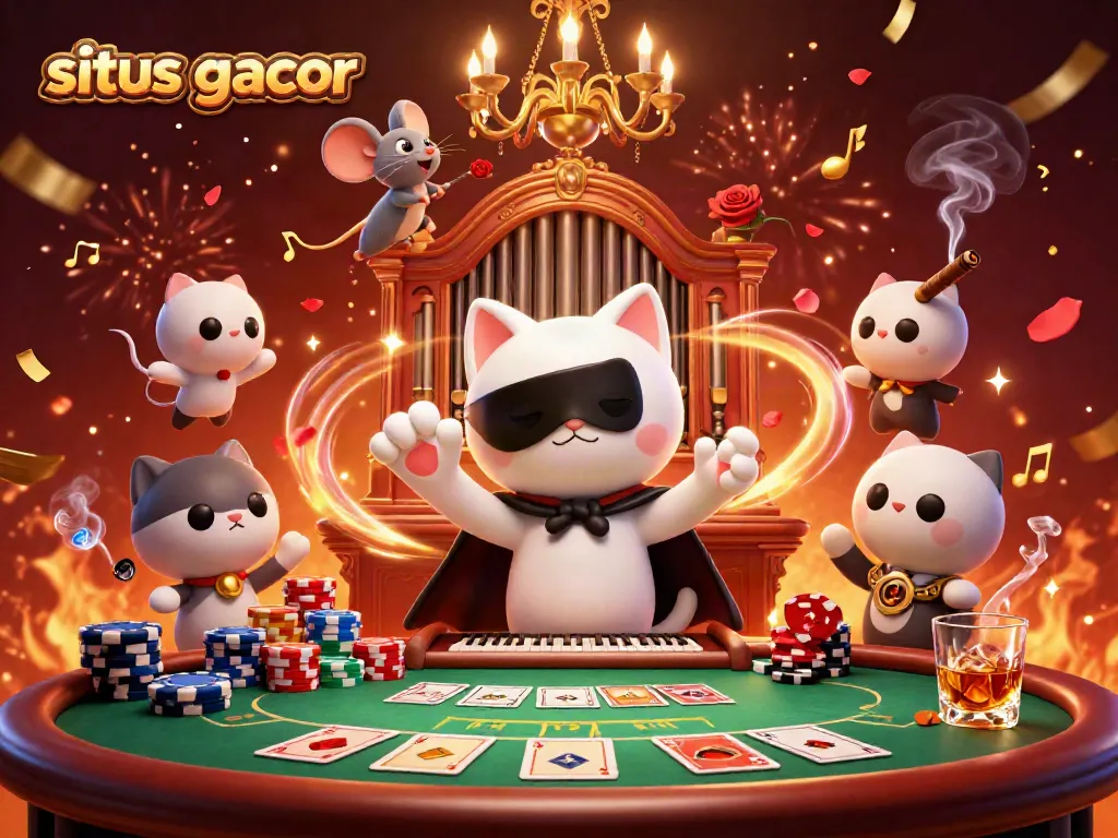 Experience the thrilling ambiance of situs gacor with a lively casino scene featuring colorful poker elements.
