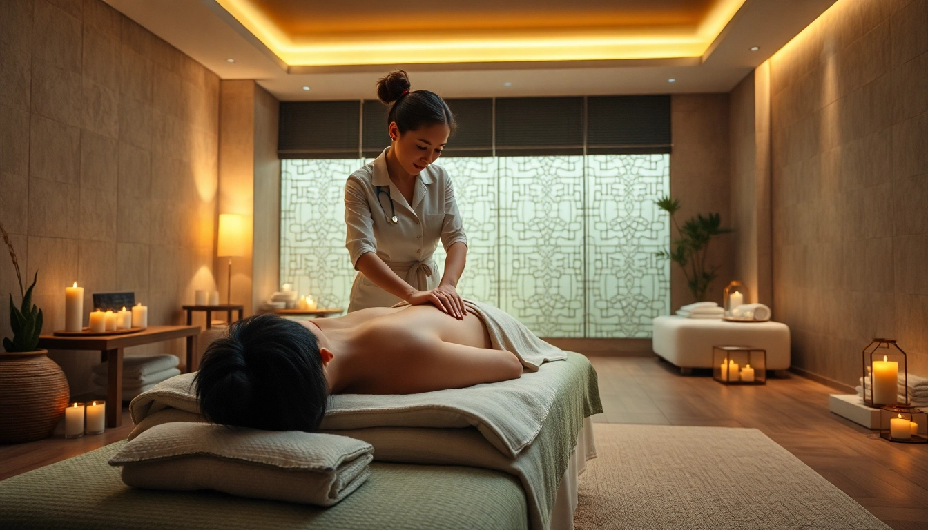출장안마 service in a tranquil spa setting with ambient lighting.